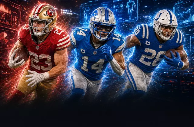 A futuristic sports analytics draft room featuring digital holographic performance metrics and player strategy screens.