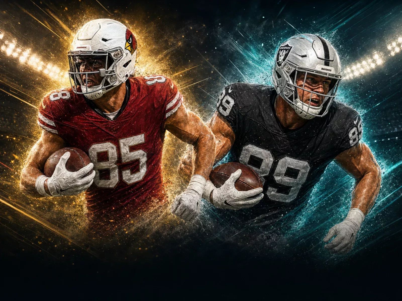 Action illustration of tight ends Trey McBride and Brock Bowers set against a dynamic stadium backdrop.