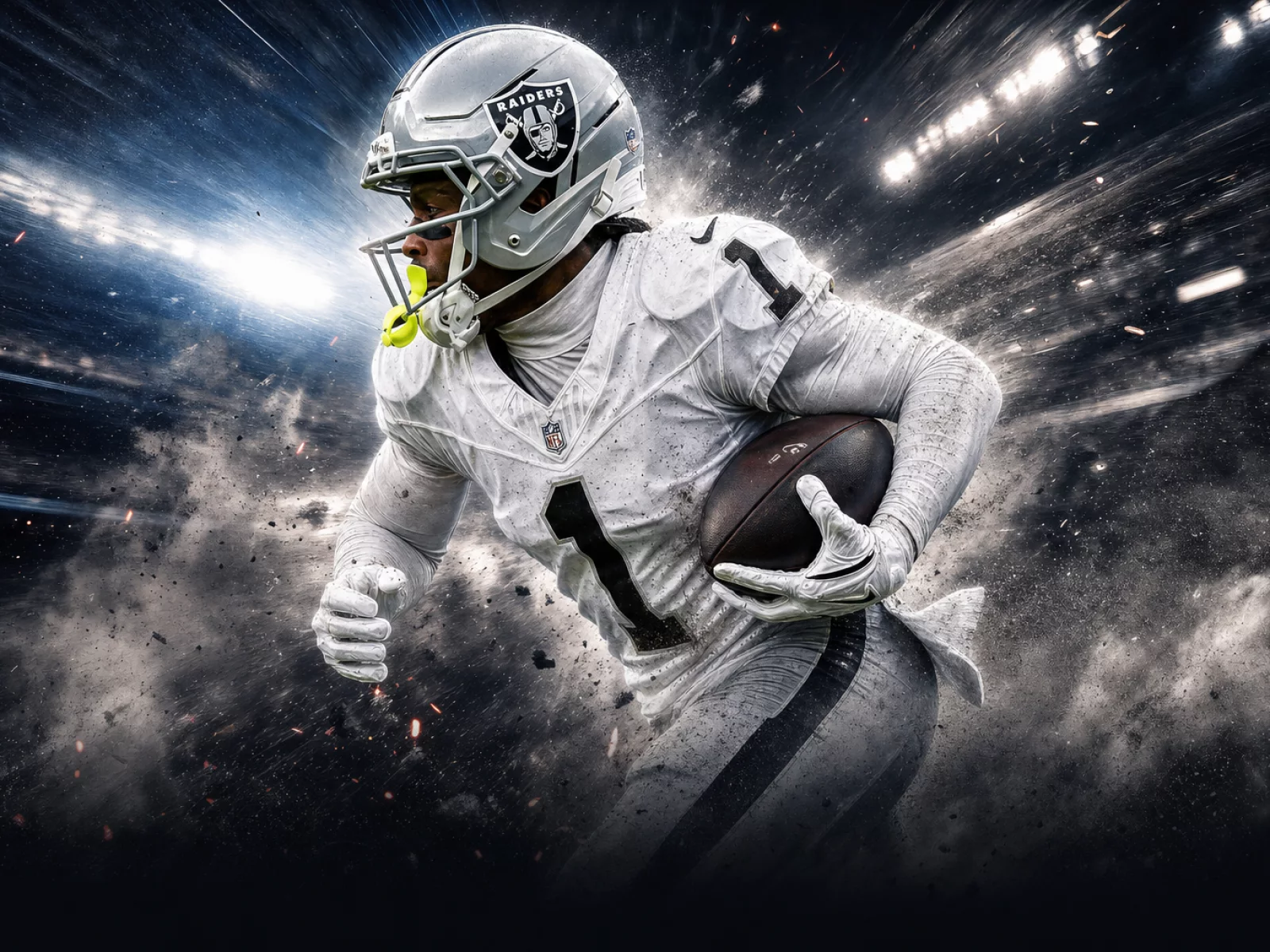 Graphic illustration of Las Vegas Raiders receiver Tre Tucker running a route under stadium lights.