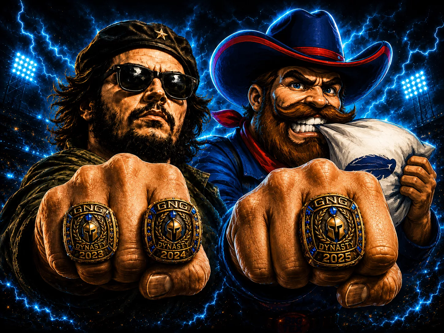 Pinko Commie Bastards (Shartnado) and Big Tex's Pillow Biters mascots showing GNG Dynasty championship rings from 2023, 2024, and 2025.
