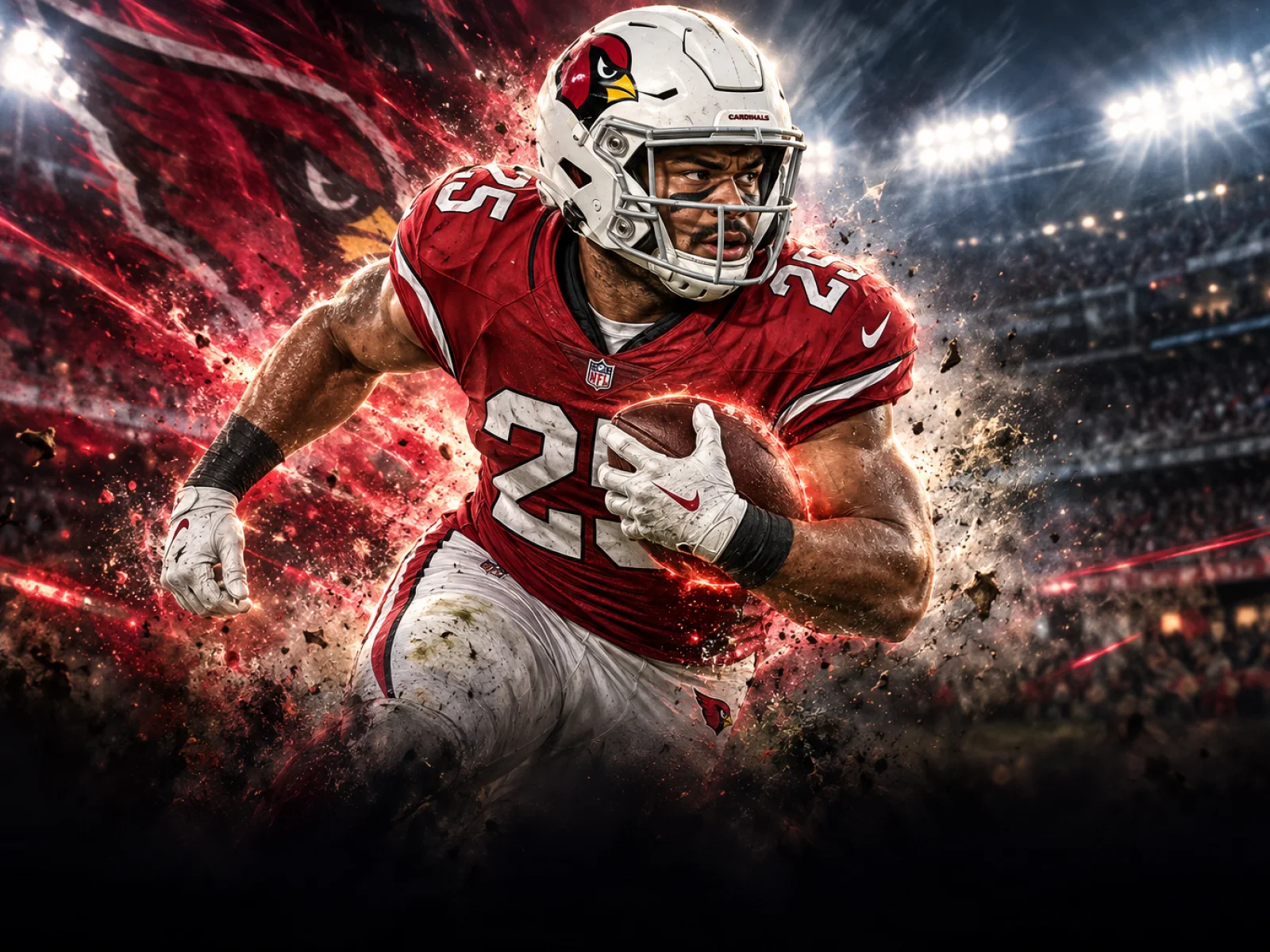 Arizona Cardinals running back Tyler Allgeier in uniform against a dark stadium backdrop.