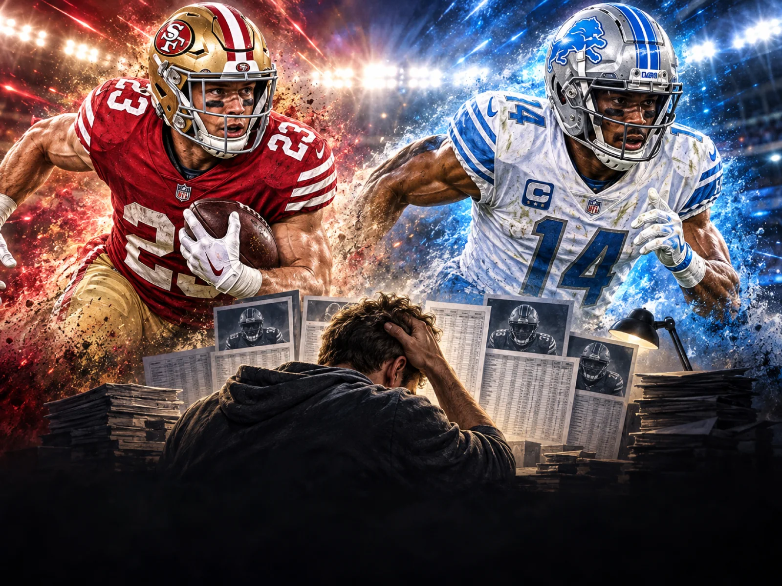 Sports illustration featuring football stars on the field while a manager analyzes stat sheets.
