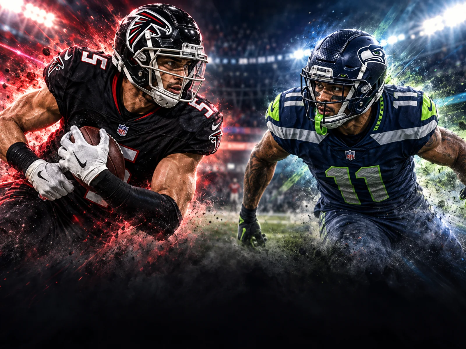Illustration of Drake London and Jaxon Smith-Njigba standing on a football field in their team uniforms.